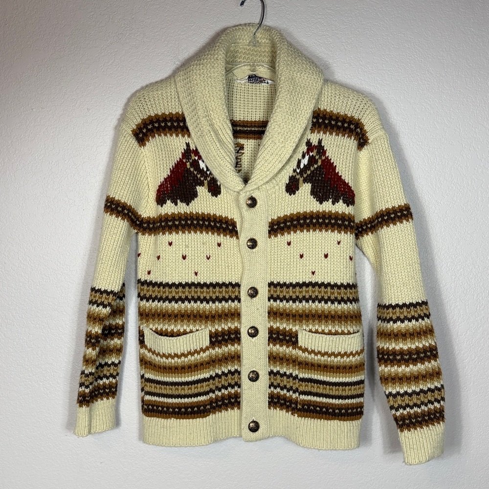 Miller Outerwear Vintage Cardigan Sweater Intarsia Knit Cowichan Equestrian M